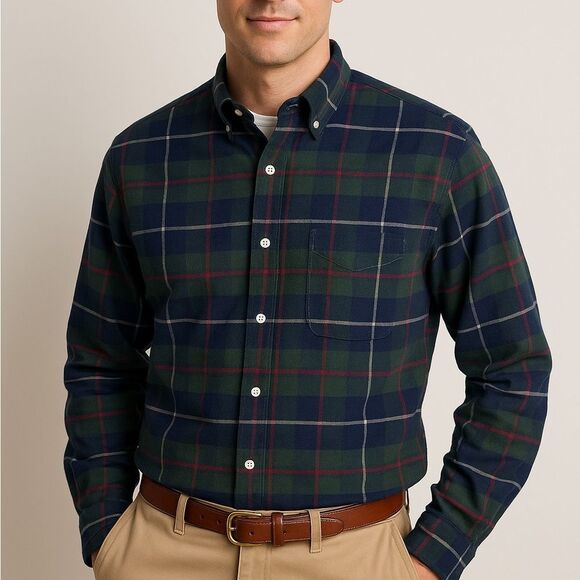 L.L.Bean ODM XL Tall Men’s Green Navy Plaid Button Down Shirt Vintage Classic 90 - Picture 1 of 6